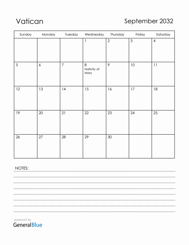 September 2032 Vatican Calendar with Holidays (Sunday Start)