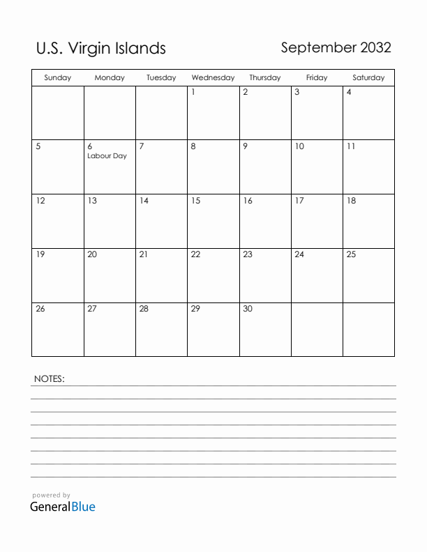 September 2032 U.S. Virgin Islands Calendar with Holidays (Sunday Start)