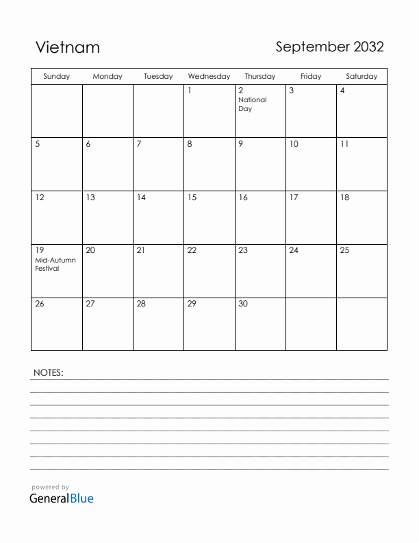 September 2032 Vietnam Calendar with Holidays (Sunday Start)