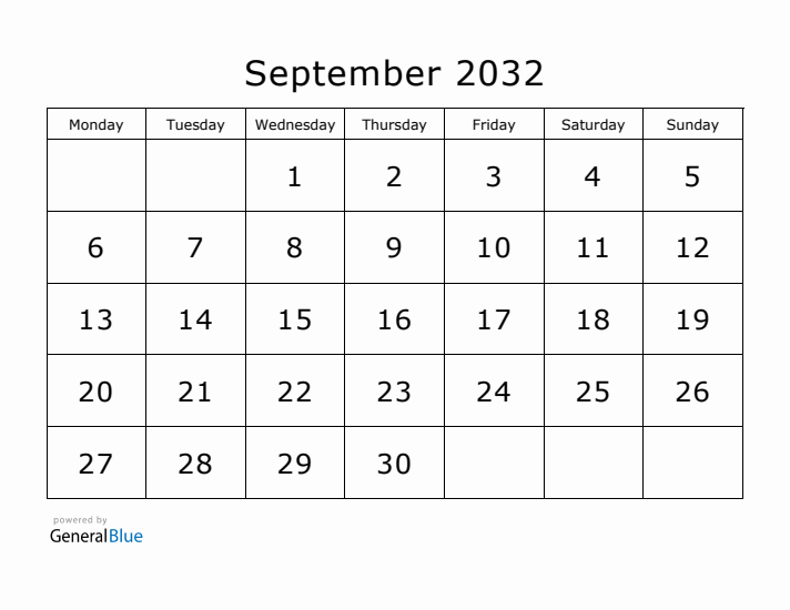 Printable September 2032 Calendar - Monday Start