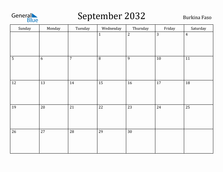 September 2032 Calendar Burkina Faso