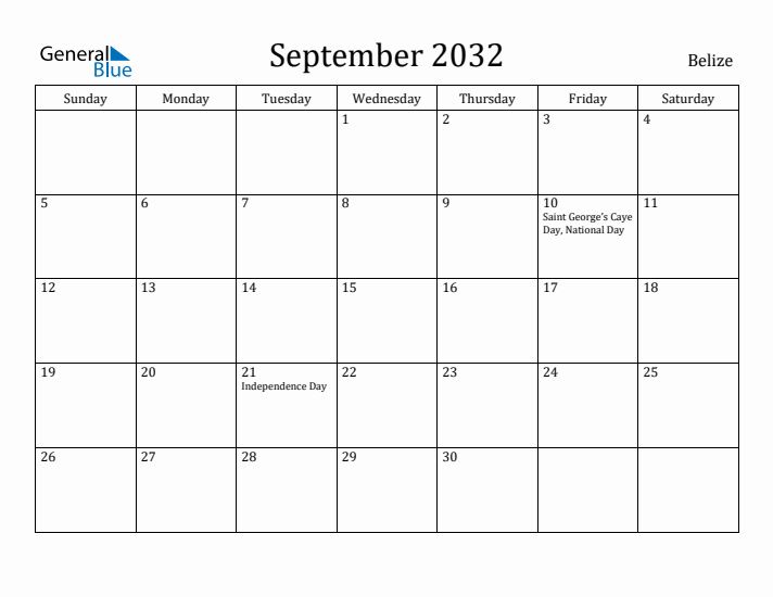 September 2032 Calendar Belize