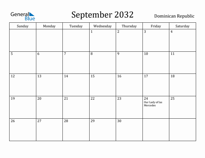 September 2032 Calendar Dominican Republic