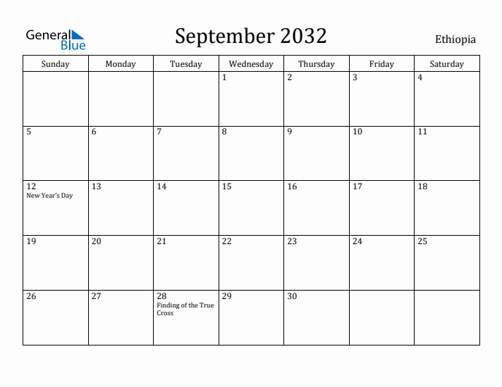 September 2032 Calendar Ethiopia