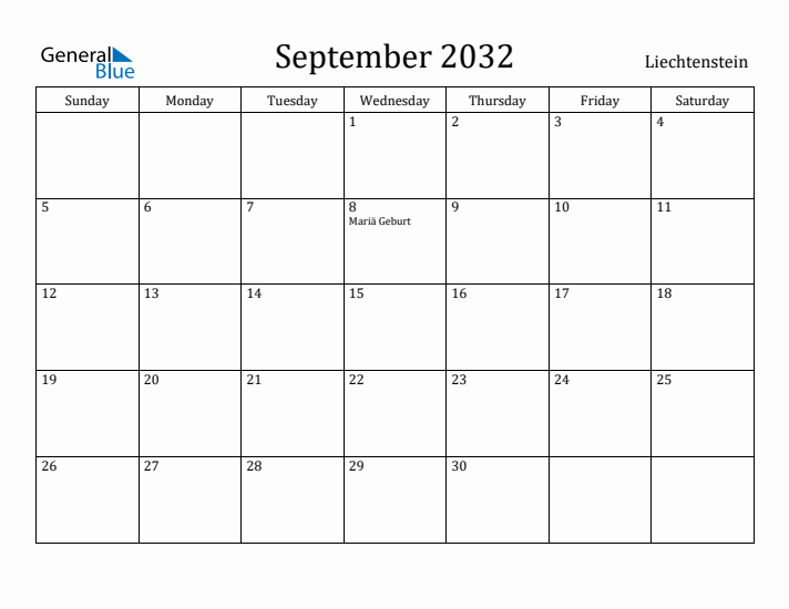 September 2032 Calendar Liechtenstein