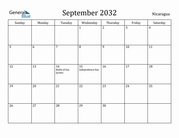 September 2032 Calendar Nicaragua