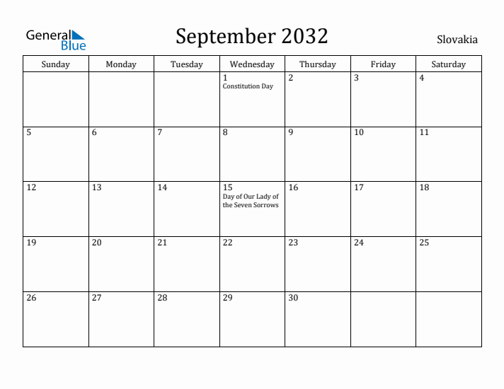 September 2032 Calendar Slovakia
