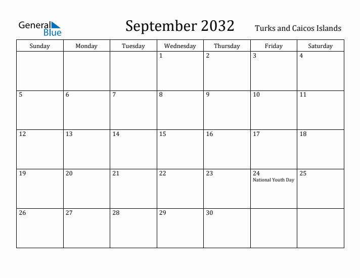 September 2032 Calendar Turks and Caicos Islands