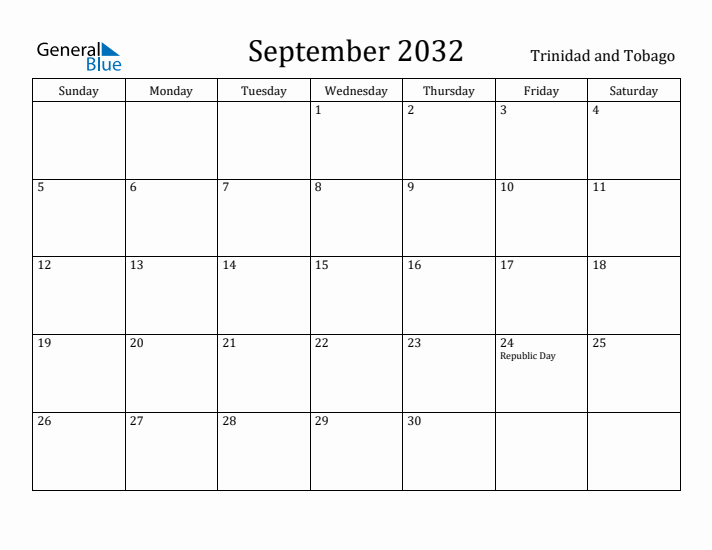 September 2032 Calendar Trinidad and Tobago