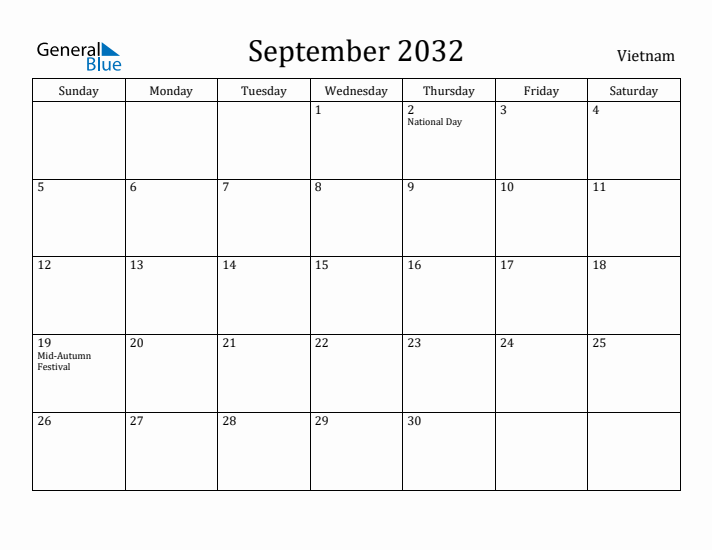 September 2032 Calendar Vietnam