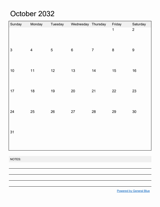 Basic Monthly Calendar Template for October 2032