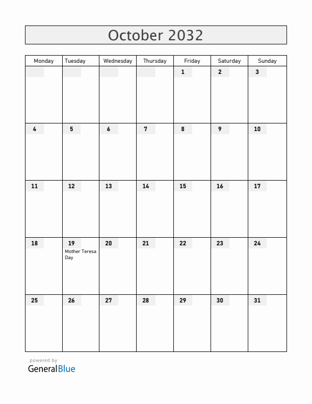 Albania October 2032 Calendar with Holidays