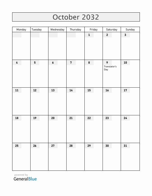 Armenia October 2032 Calendar with Holidays