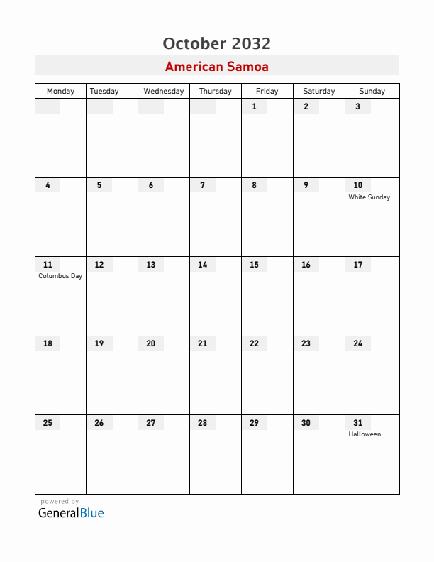 American Samoa October 2032 Calendar with Holidays