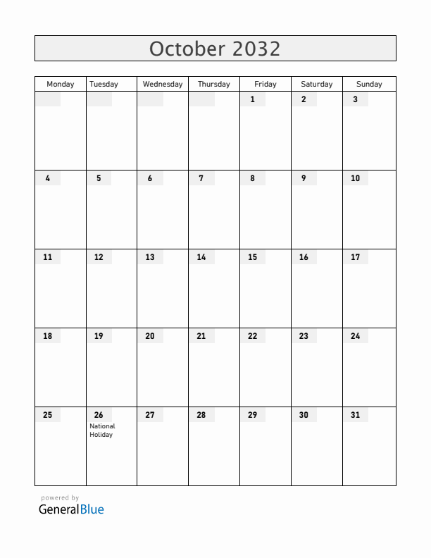Austria October 2032 Calendar with Holidays