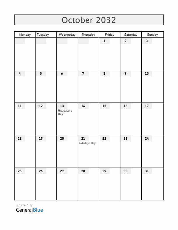 Burundi October 2032 Calendar with Holidays