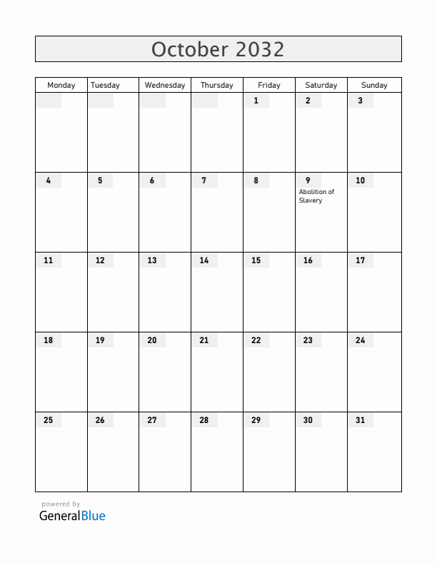 Saint Barthelemy October 2032 Calendar with Holidays