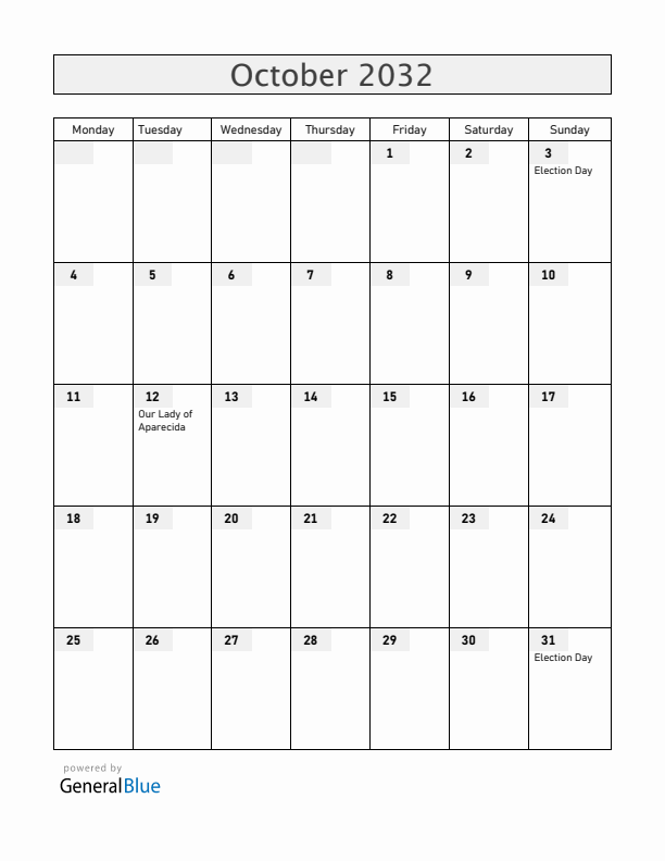Brazil October 2032 Calendar with Holidays