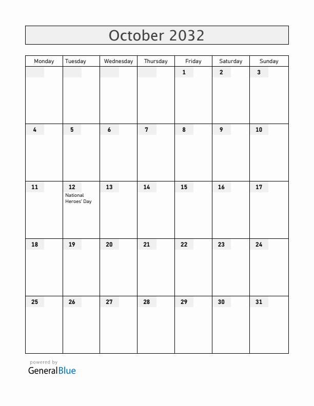 Bahamas October 2032 Calendar with Holidays