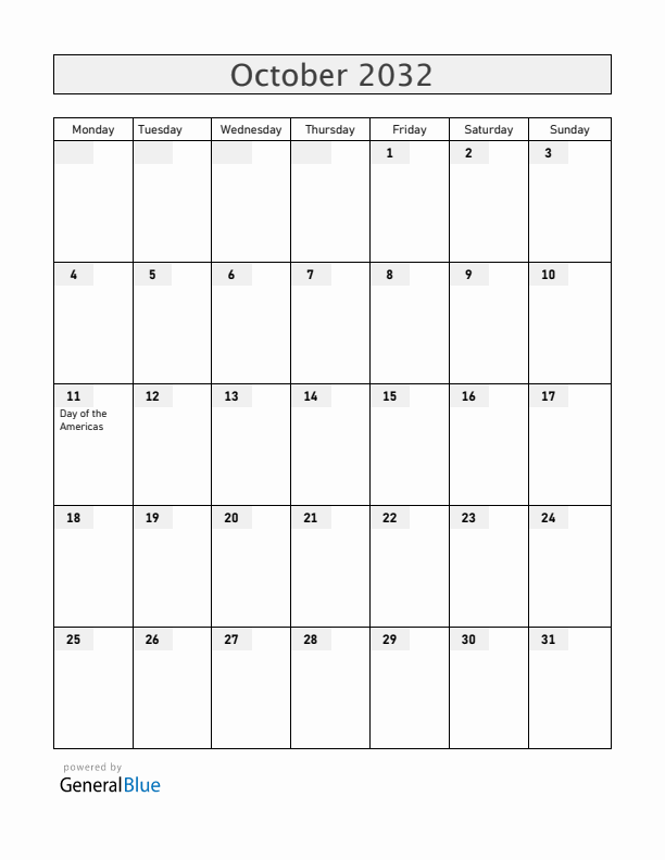Belize October 2032 Calendar with Holidays