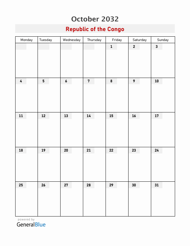 Republic of the Congo October 2032 Calendar with Holidays