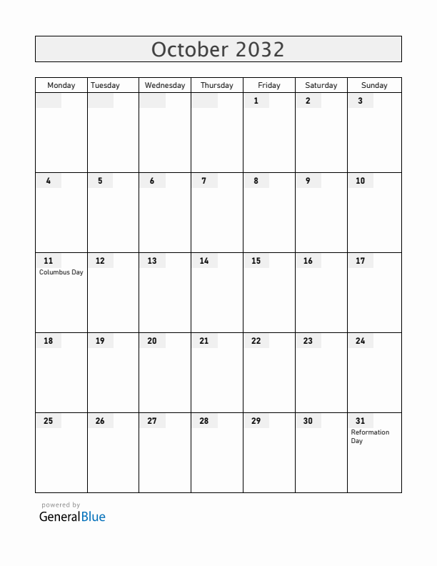 Chile October 2032 Calendar with Holidays