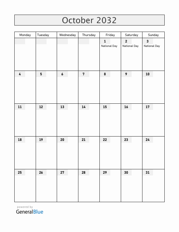 China October 2032 Calendar with Holidays