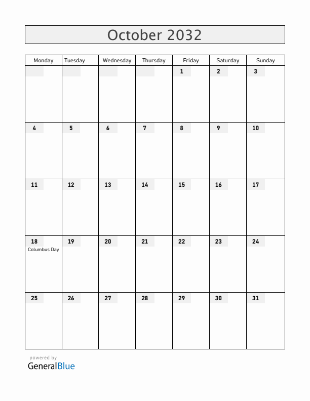 Colombia October 2032 Calendar with Holidays