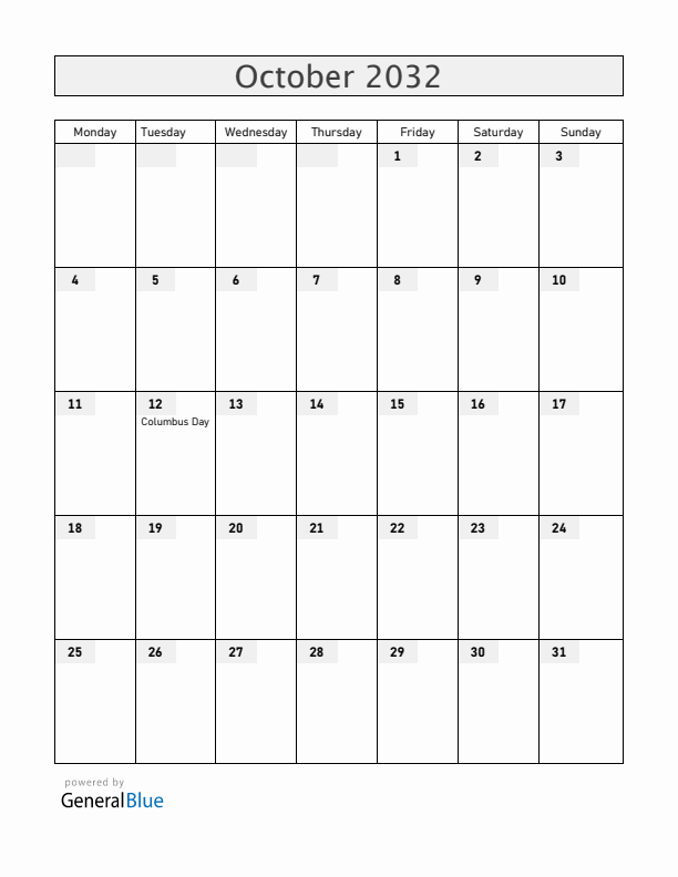 Costa Rica October 2032 Calendar with Holidays