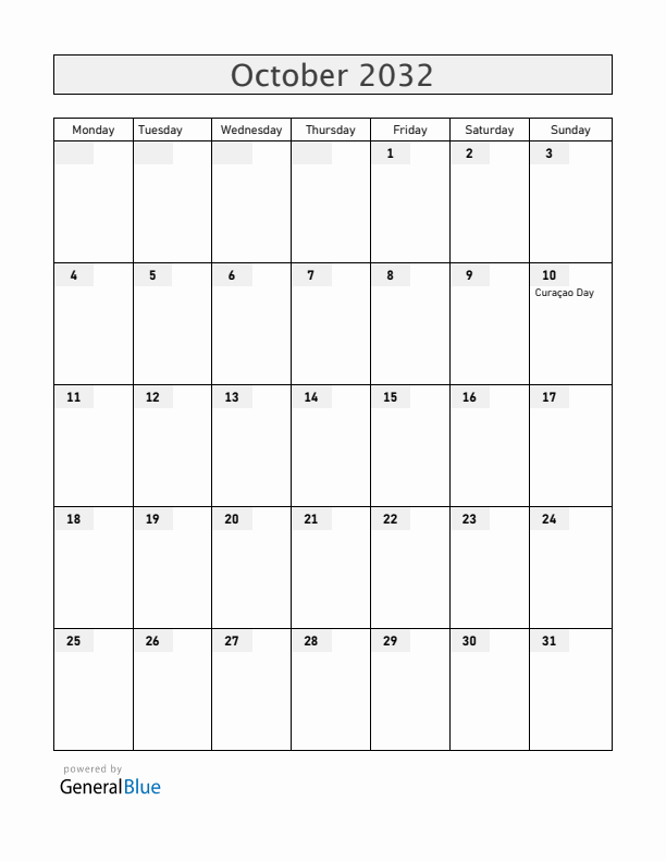 Curacao October 2032 Calendar with Holidays