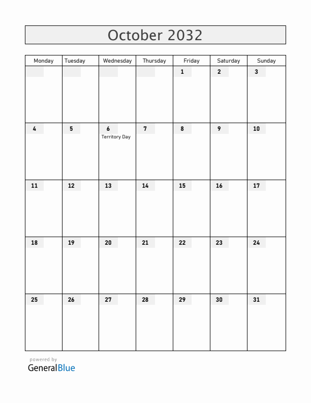 Christmas Island October 2032 Calendar with Holidays