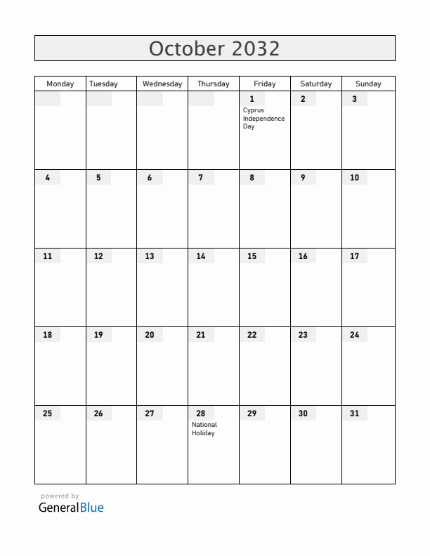 Cyprus October 2032 Calendar with Holidays
