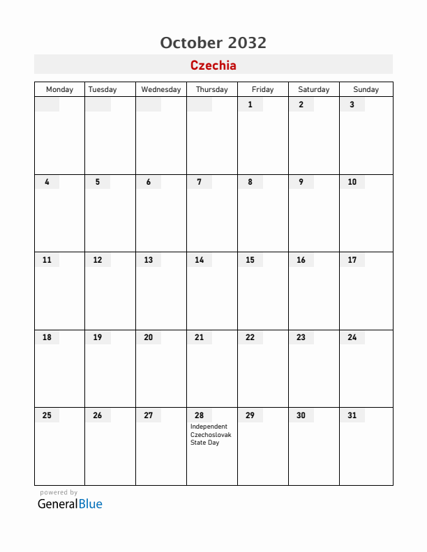 Czechia October 2032 Calendar with Holidays