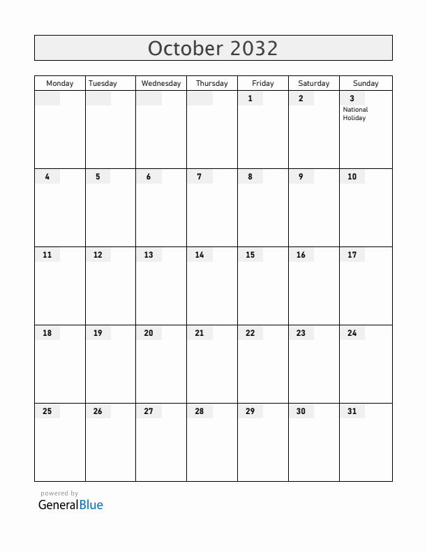 Germany October 2032 Calendar with Holidays