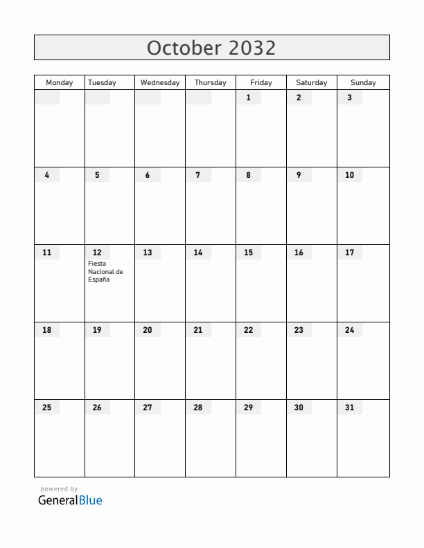 Spain October 2032 Calendar with Holidays