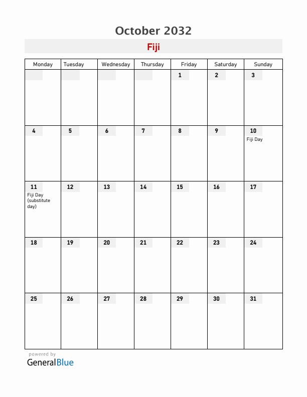 Fiji October 2032 Calendar with Holidays