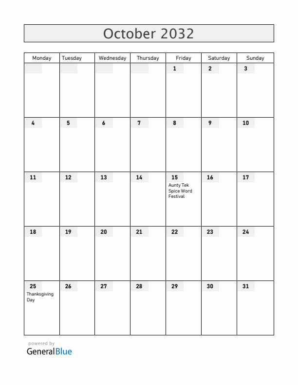 Grenada October 2032 Calendar with Holidays
