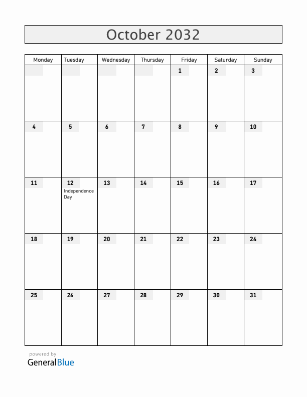 Equatorial Guinea October 2032 Calendar with Holidays
