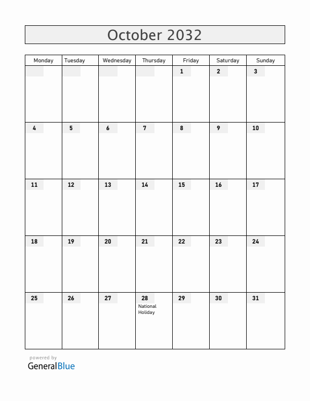 Greece October 2032 Calendar with Holidays