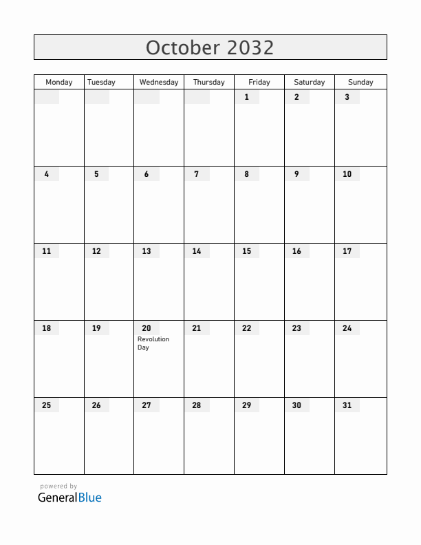 Guatemala October 2032 Calendar with Holidays