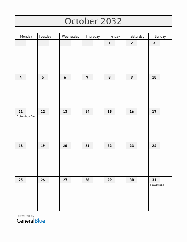 Guam October 2032 Calendar with Holidays