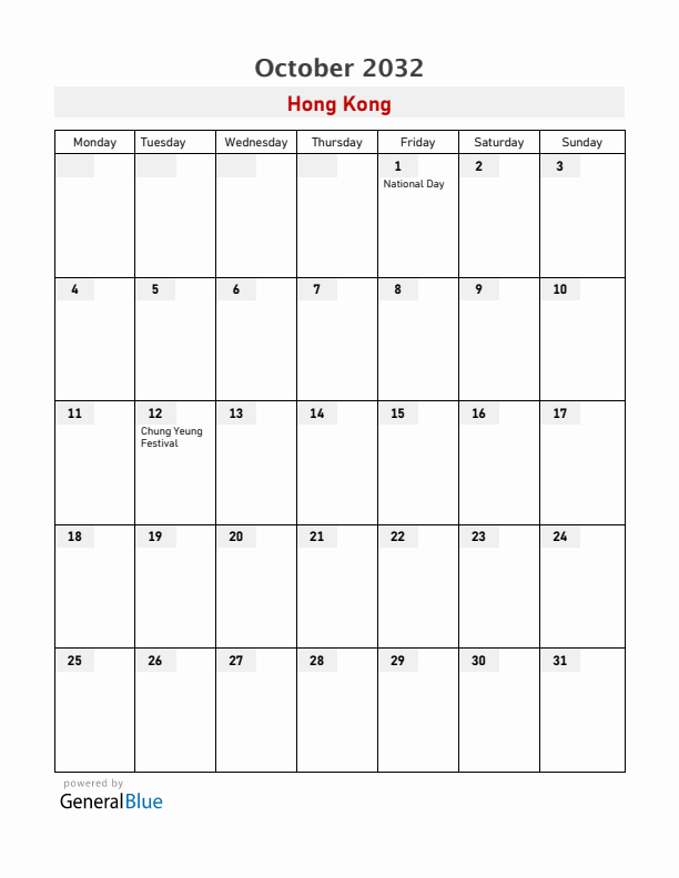 Hong Kong October 2032 Calendar with Holidays