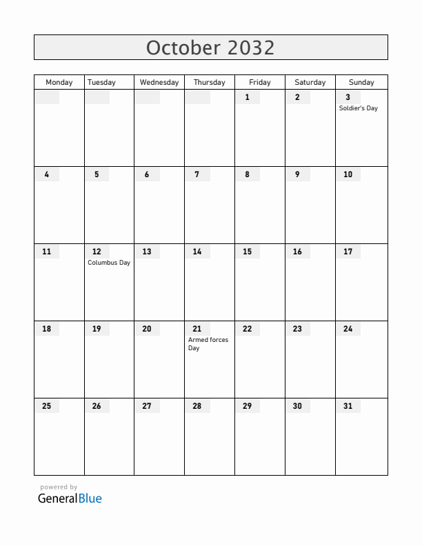 Honduras October 2032 Calendar with Holidays
