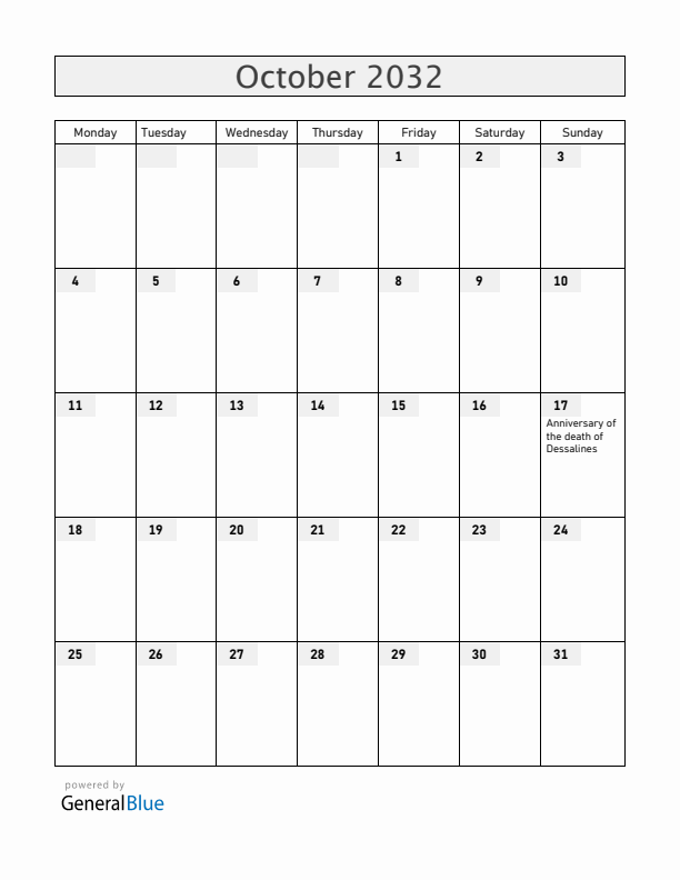 Haiti October 2032 Calendar with Holidays