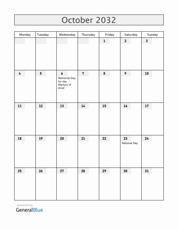 Hungary October 2032 Calendar with Holidays