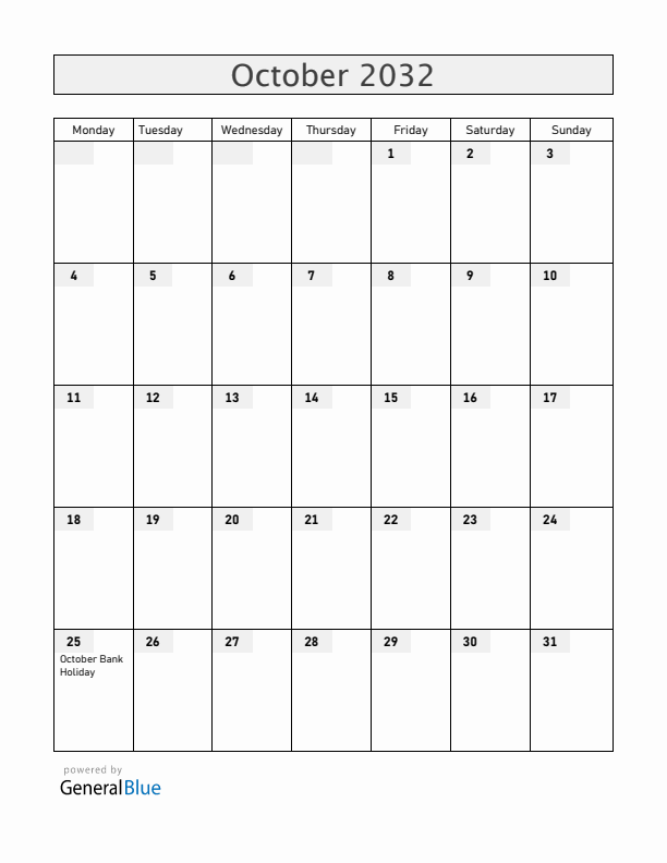 Ireland October 2032 Calendar with Holidays
