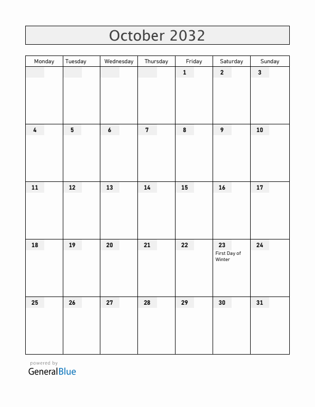 Iceland October 2032 Calendar with Holidays