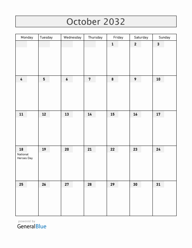 Jamaica October 2032 Calendar with Holidays