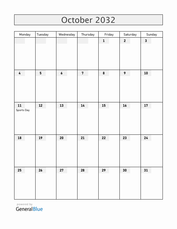 Japan October 2032 Calendar with Holidays