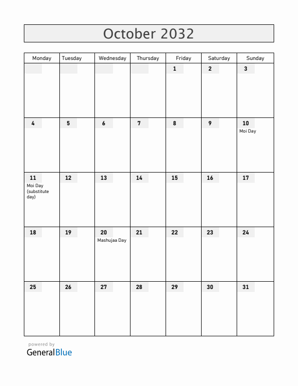 Kenya October 2032 Calendar with Holidays